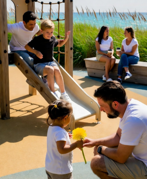 A joyful multigenerational family enjoying outdoor playtime at a sunny beachside playground: a father kneels to hand a dandelion to a smiling toddler girl in a white dress, while another dad assists a young boy sliding down a wooden ramp, with moms sipping coffee on a bench amid swaying sea grasses and ocean waves in the background.