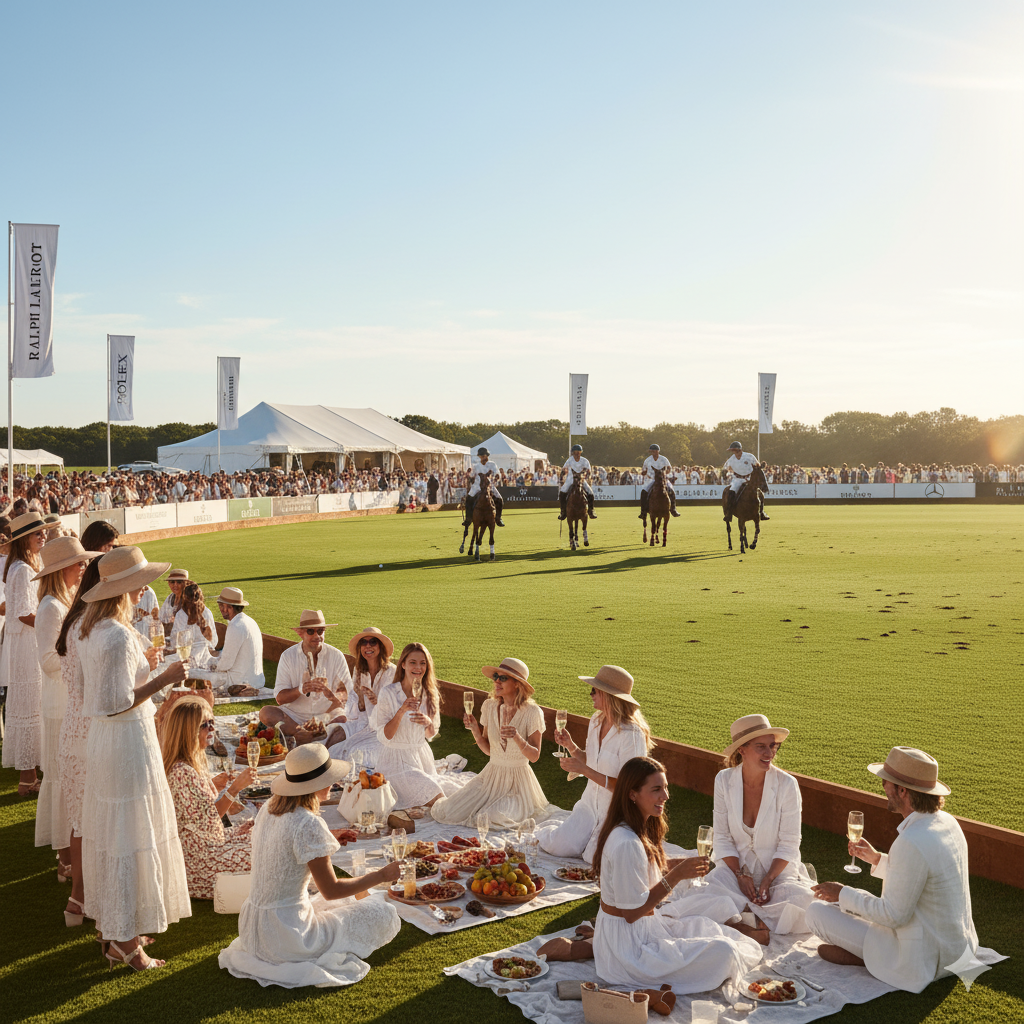 Sunny Hamptons Polo game in Bridgehampton, featuring a luxury brand activation with prominent brand sponsorship signage (Ralph Lauren, Rolex, Mercedes-Benz). Hundreds of beautiful people enjoy food and champagne on the field, representing a high-net-worth audience at an exclusive Hamptons event, perfect for luxury marketing and features in Social Life Magazine.