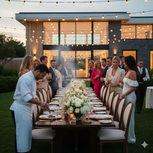Private Hamptons dinner for luxury brand guests under string lights