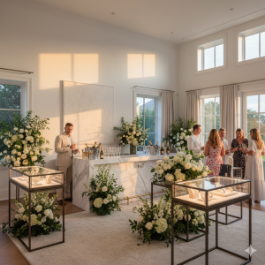 Luxury brand activation inside a Hamptons designer home with guests and product displays