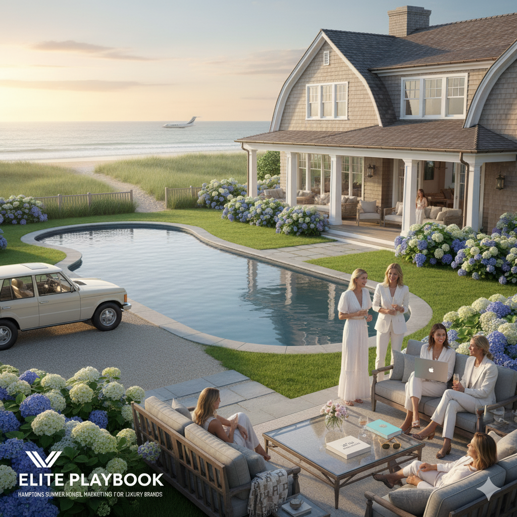 An aerial view of a luxurious Hamptons summer house with a pool, overlooking the ocean at sunset. Several elegantly dressed women are gathered on outdoor patios, some with a laptop visible, suggesting a business or marketing context. A vintage SUV is parked in the driveway, and a private jet flies in the distance. The Elite Playbook logo is in the bottom left corner.