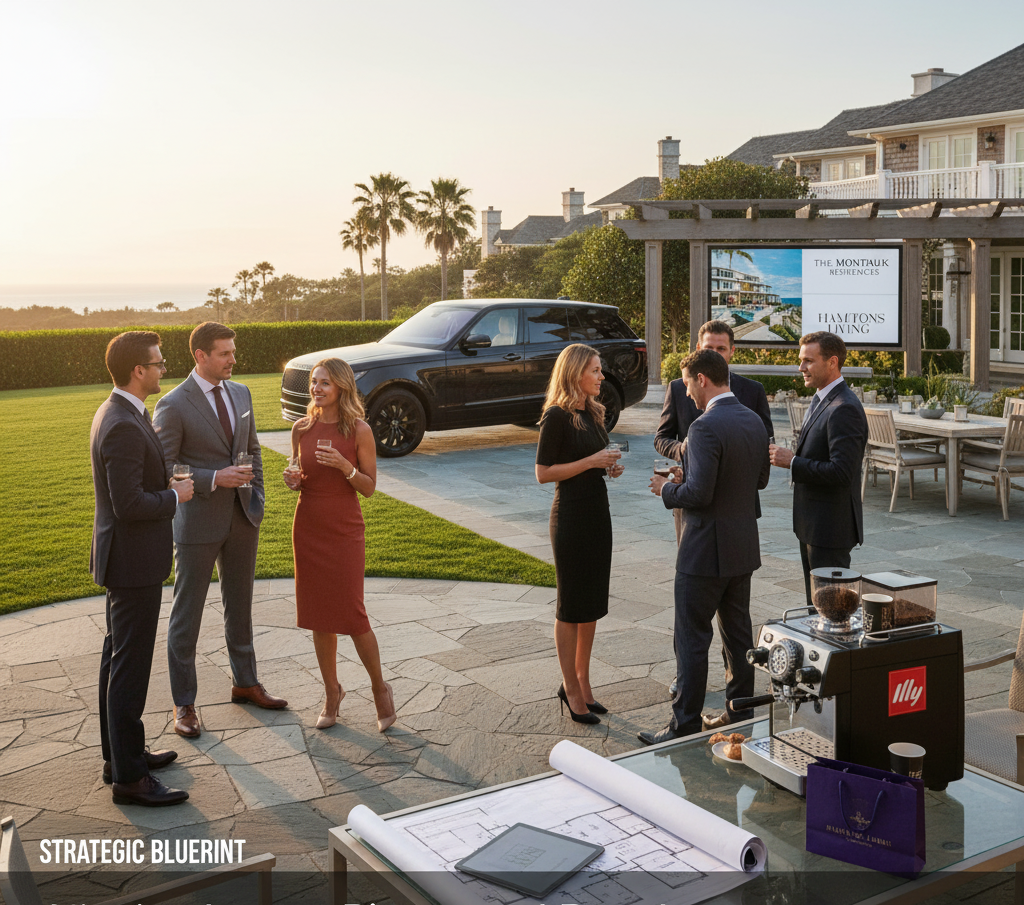 A group of elegantly dressed professionals, three men in suits and three women in sophisticated dresses, mingle on the stone patio of a luxurious Hamptons estate at sunset. A black Range Rover is parked nearby, and a large outdoor screen displays "The Montauk Residences: Hamptons Living." In the foreground, blueprints, a tablet, an Illy coffee machine, and branded gift bags are visible on a glass table.