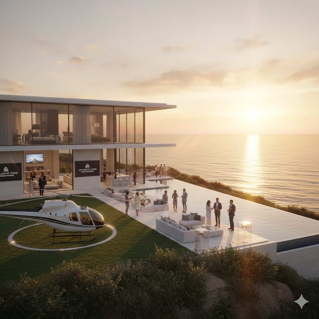 An aerial view of an ultra-luxury, sleek contemporary Hamptons estate at sunset, perched above the Atlantic Ocean. The property features expansive glass walls reflecting the golden light, a helicopter on a dedicated pad on the lawn, and a sophisticated brand-activation lounge around an infinity pool. Elegantly dressed guests in linen attire mingle at the poolside lounge, and subtle "Atlantic Cove Residences" branding is visible on screens within the home.