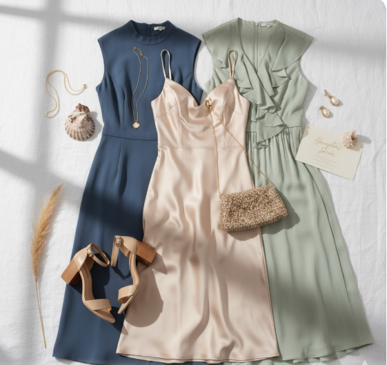 Wedding guest dresses for Hamptons sunset ceremonies showing elegant midi length options in neutral tones