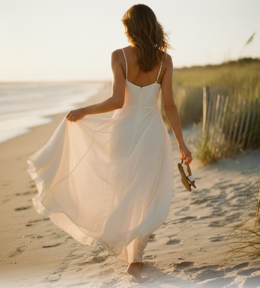 Elegant Hamptons wedding guest dresses in flowing maxi silhouettes perfect for beach sunset ceremonies