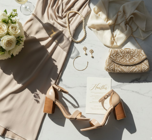 Accessorizing Hamptons wedding guest dresses for sunset ceremonies with elegant jewelry and shoes