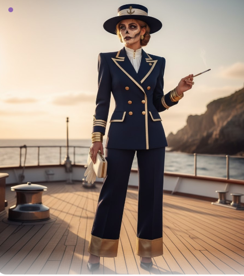 A striking figure on a Mediterranean-style terrace at sunset, dressed in a couture-inspired Vintage Yacht Socialite Halloween costume. The look features a black lace floor-length gown with a sweetheart corset top and intricate feather epaulets, accented with navy and ivory Day of the Dead face paint (sugar skull makeup). The figure holds a champagne flute, surrounded by billowing white linens and a wall of framed vintage photos. An Atlantic-facing balcony railing with subtle luxury brand signage (Atlantic Vibes anchor logo) frames a fiery ocean sunset, emphasizing exclusivity and high-society maritime style.