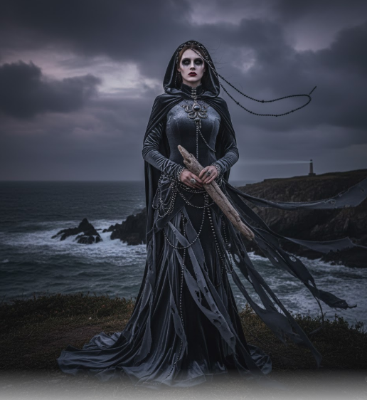 A striking, full-length image of a figure in a Coastal Gothic Halloween costume, standing on a dark, windswept cliff overlooking a churning, grey sea. The costume is a sweeping gown of dark slate-grey velvet, with a deep hood and flowing, tattered fabric suggesting storm-worn elements. The figure wears an elaborate necklace of dark pearls and chains, with intricate rings on her fingers. Her makeup is pale with dark, dramatic eyes and lips, conveying an air of elegant rebellion. In her hands, she holds a piece of weathered driftwood. A distant lighthouse stands on a rugged promontory under a stormy sky, completing the dramatic maritime Gothic atmosphere.