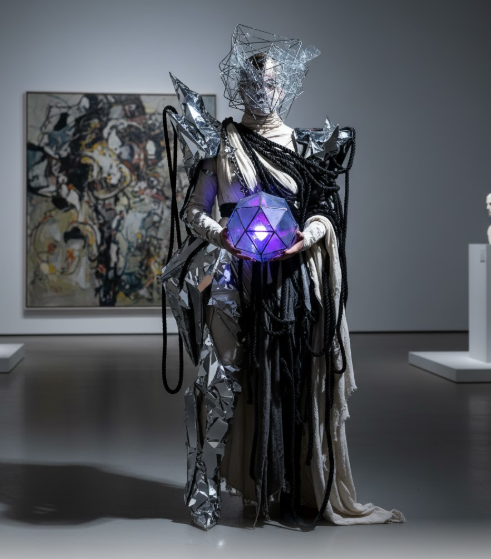 A striking, full-length image of a figure in a Gallery Avant-Garde Halloween costume, standing centrally in a minimalist art gallery. The costume is highly sculptural and asymmetrical, featuring reflective, shattered mirror-like elements on one side creating sharp, angular forms, contrasting with draped, textured fabrics and thick, dark rope elements on the other. The head is encased in a wire cage structure, and the figure holds a glowing, multi-faceted purple geometric orb. In the background, abstract artwork and classical busts are visible, emphasizing the costume as an art piece first, costume second. The overall impression is conceptual, dramatic, and avant-garde.
