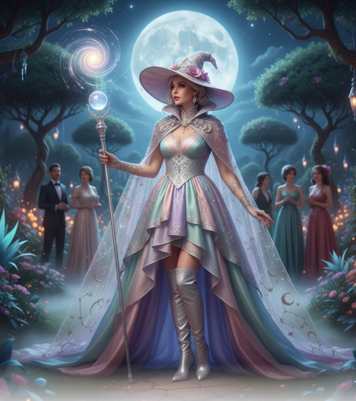 A stunning figure in a Garden-Party Witch Halloween costume stands regally in an enchanted, moonlit garden. The costume features a wide-brimmed witch's hat and an elaborate gown in soft pastels (pinks, purples, mint greens, and blues), with a flowing, sheer cape adorned with subtle metallic detailing of stars and celestial motifs. The figure holds a magical staff with a glowing orb. In the background, well-dressed party guests mingle among glowing lanterns and lush, fantastical flora under a large, luminous full moon, creating an atmosphere where sorcery meets silk and elegance.