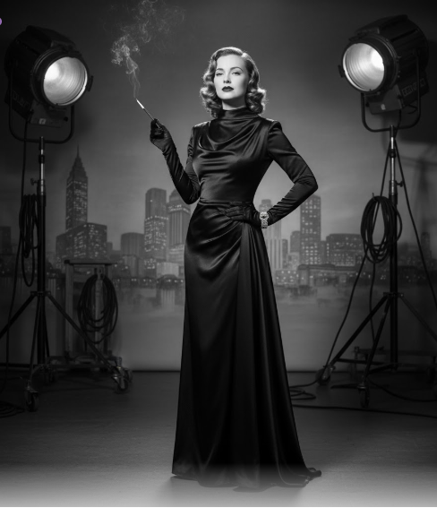 A dramatic, vintage-style image of a woman in a Hollywood Golden Age Halloween costume, posed on a grand, sweeping staircase. She wears a floor-length, shimmering champagne-gold bias-cut satin gown that drapes elegantly. Her hair is styled in Veronica Lake waves, and her look is defined by a precise, classic red lip and subtle diamond earrings. The lighting is low and dramatic, emphasizing the gown's liquid movement and the theme of restraint over spectacle.