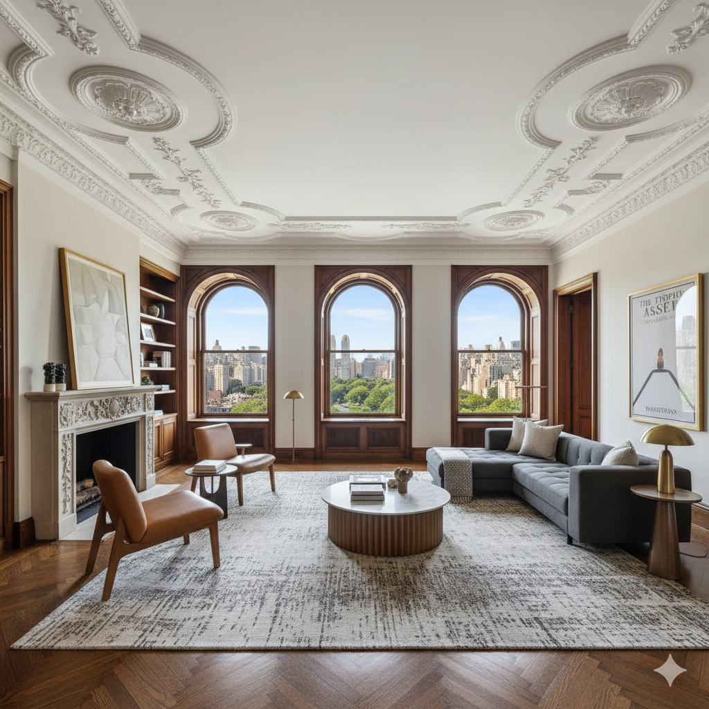 uxurious Manhattan prewar apartment interior featuring Art Deco crown moldings, herringbone floors, and Central Park views through arched windows