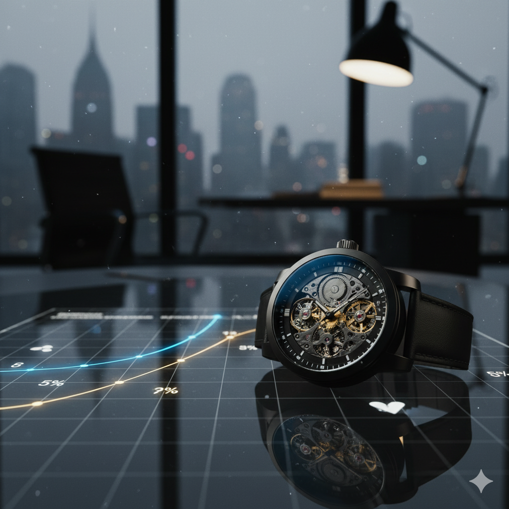 Bespoke mechanical watch on a strategic viral trend chart, representing the new rules of luxury marketing and HNW strategy.