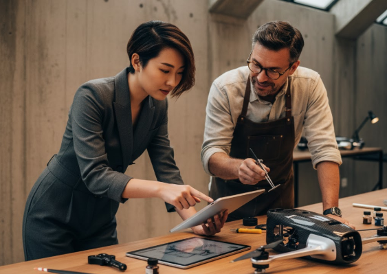 A young Asian woman in a suit points at a tablet displaying a design, collaborating with a male artisan in an apron who is holding a small tool over a delicate component on a workbench. Various high-tech parts, possibly for a drone, are scattered around them in a modern, well-lit workshop.