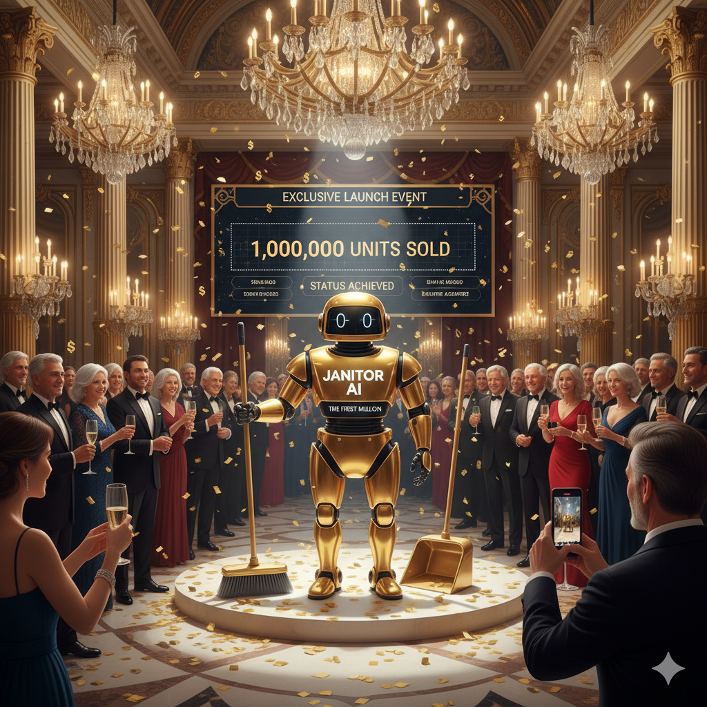 A gilded event hall where a golden robot with a broom and dustpan stands on a pedestal. A screen behind it reads "EXCLUSIVE LAUNCH EVENT, 1,000,000 UNITS SOLD, STATUS ACHIEVED: JANITOR AI - THE FIRST MILLION." Well-dressed guests raise champagne glasses, and one person photographs the scene with a phone.