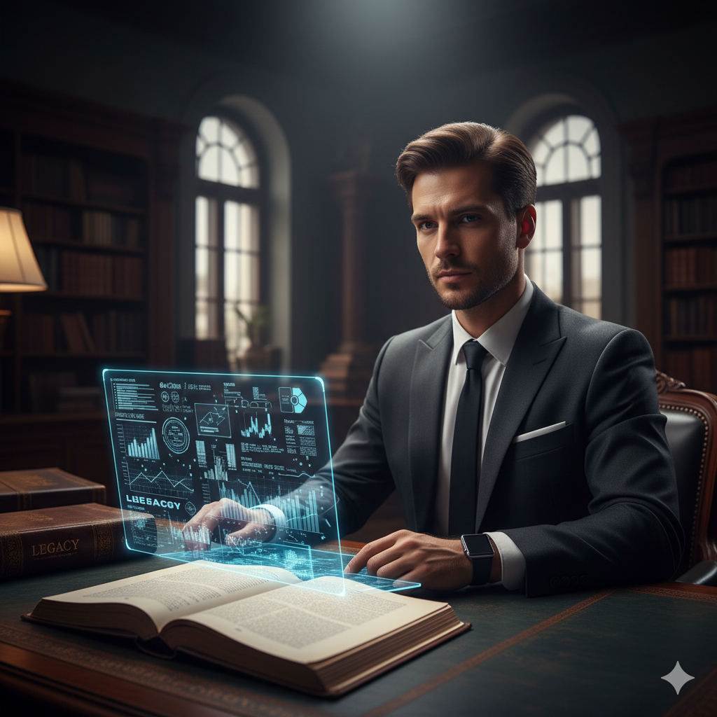 A hyper-realistic, cinematic, and moody photograph. A sharp, ambitious person in their 30s, dressed in a dark power suit, is seated at a grand, antique mahogany desk. Their right hand is near a sleek, glowing holographic digital ledger displaying complex financial data and flowcharts. An ornate, leather-bound antique book titled 'Legacy' is open on the desk to their left. Strong, directional spotlights emphasize the contrast between the digital projection and the old book. The background is a softly blurred but opulent study with arched windows and bookshelves, conveying intelligence, control, and foresight.