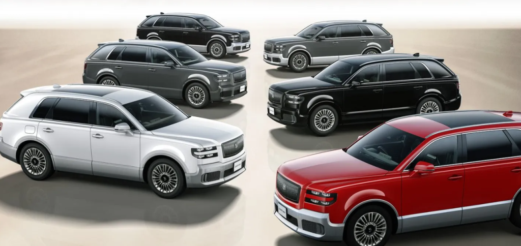 A collection of seven Toyota Century SUVs in various colors including white, silver, grey, black, and red, arranged in two rows on a light brown surface.