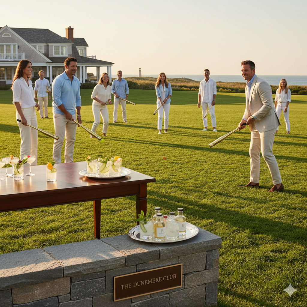 Elite wiffle ball game on a Hamptons estate lawn with luxury guests networking