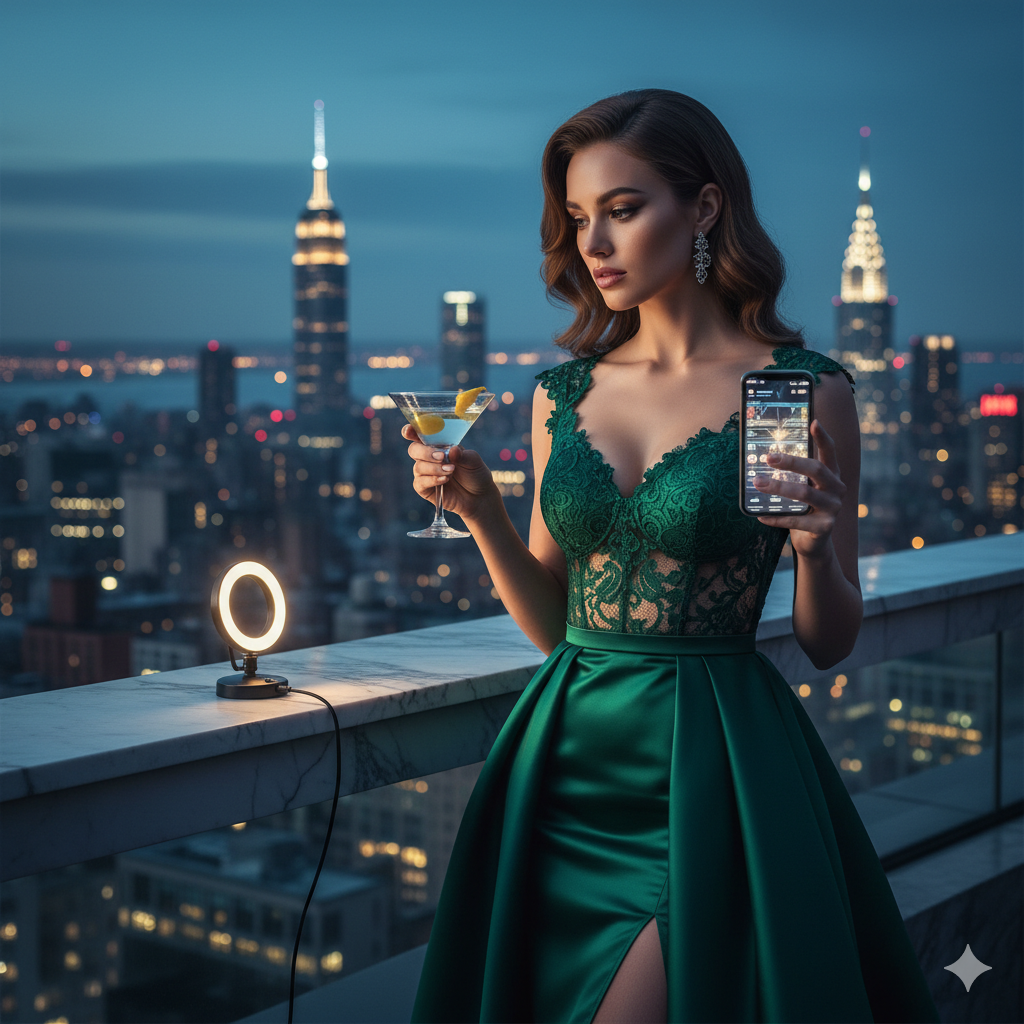 Glamorous socialmediagirl in couture overlooking New York City at night, using her phone to manage her digital influence and elite status.