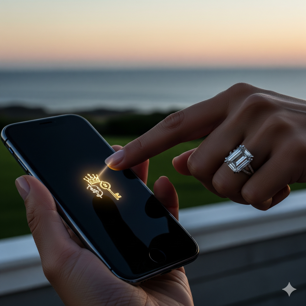 Platinum ring and manicured hand on a smartphone displaying a custom TikTok emoji on a Hamptons sunset terrace.
