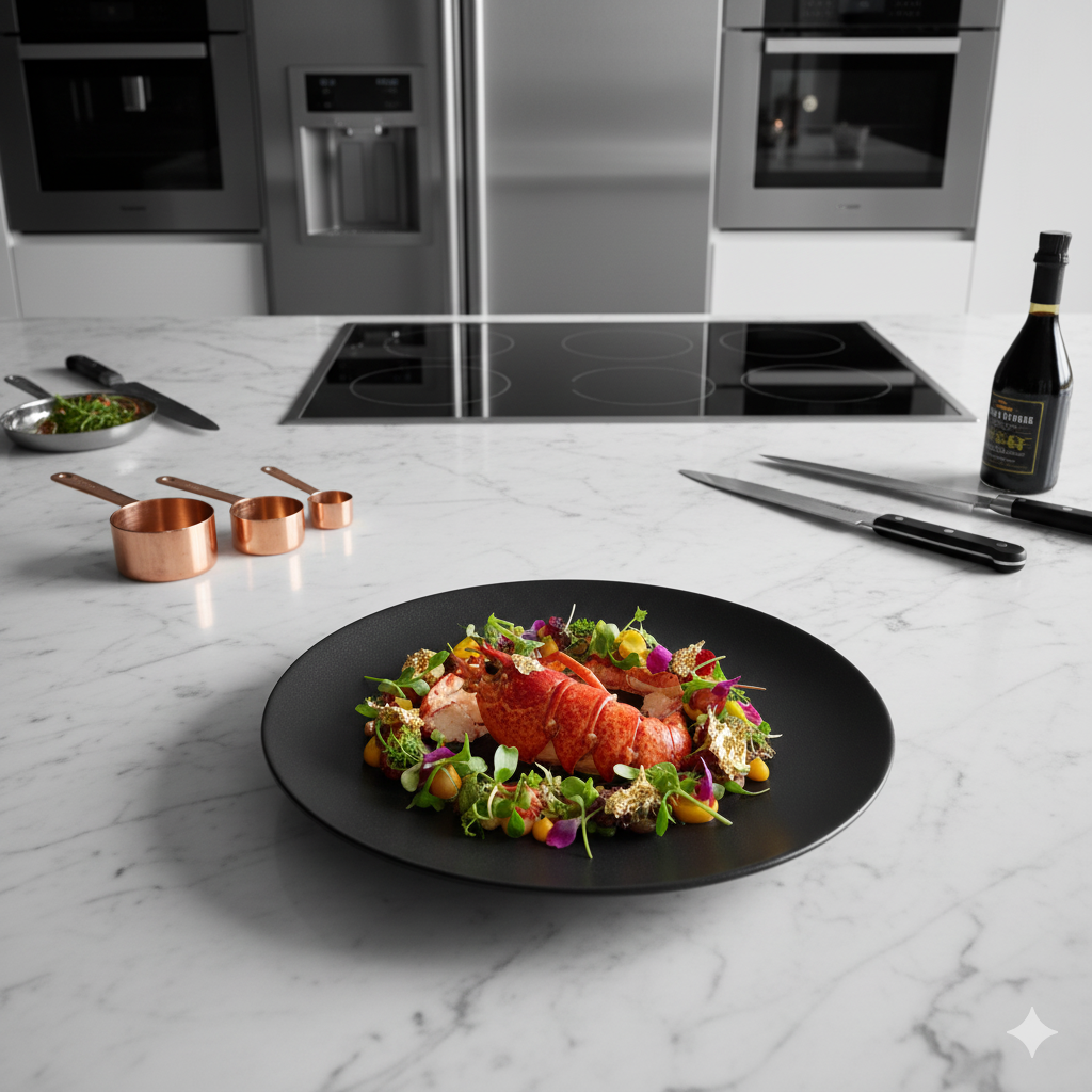 Luxury kitchen with Michelin-star dinner preparation and professional-grade appliances