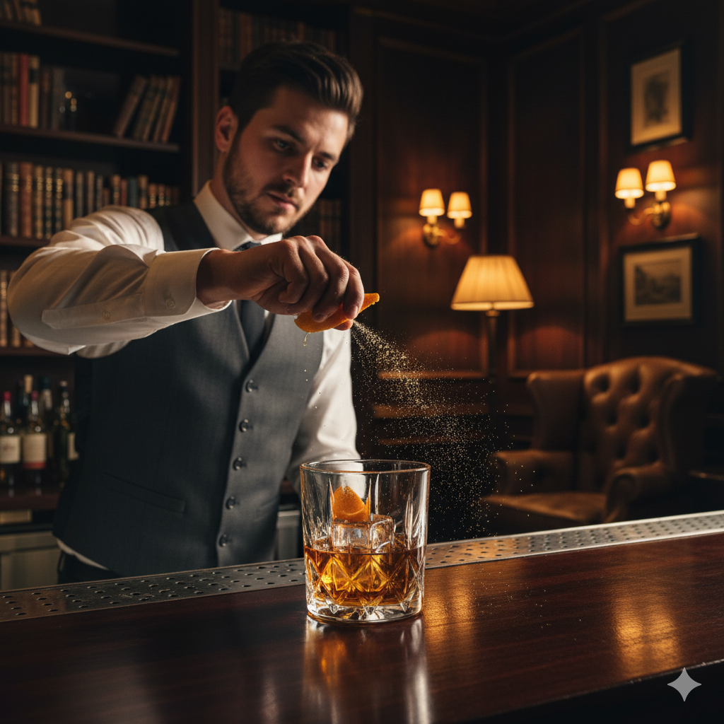 Classic old fashioned cocktail being prepared by bartender in elegant Manhattan private club