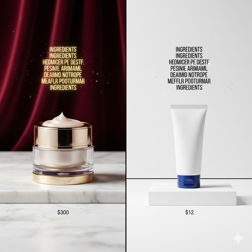 Walmart Supercenter beauty products compared to luxury brands showing identical ingredients at different price points