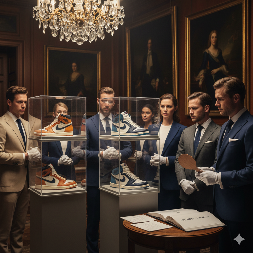 Elite collectors examining rare Air Jordan sneakers at luxury Mayfair auction house with museum-quality display cases and sophisticated lighting