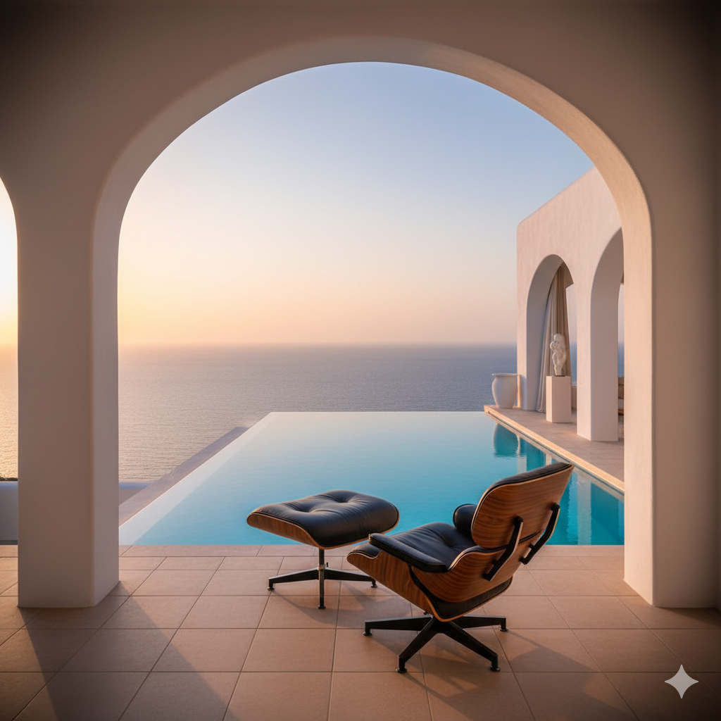 Cliffside Santorini villa embodying minimalist lifestyle serenity with infinity pool and Eames lounger overlooking Aegean blues.