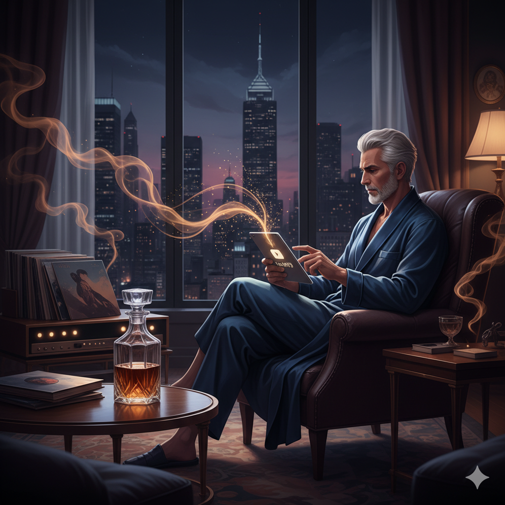 Luxurious penthouse scene curating elite playlists via Youtube to MP3 converter.