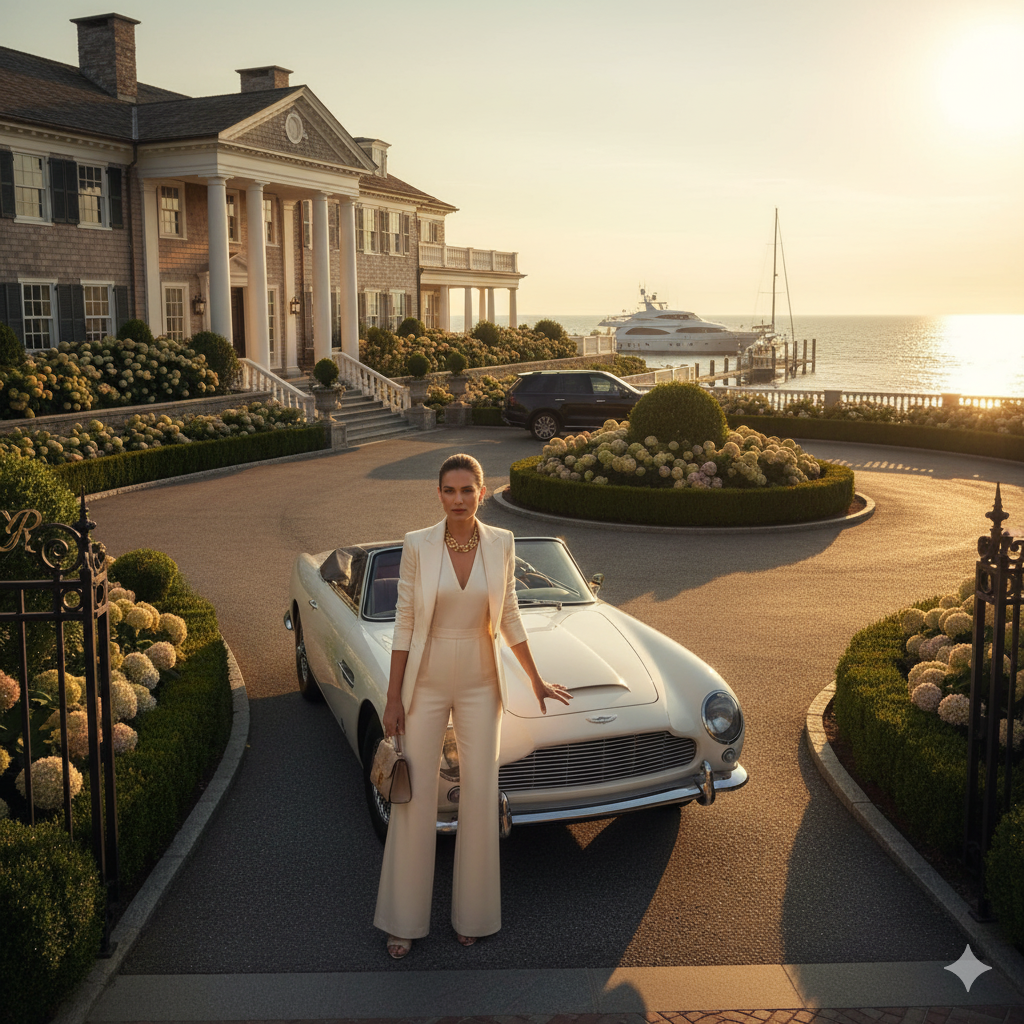 Taylor Swift age 35 standing confidently in front of luxury waterfront mansion representing her $1.5 billion real estate empire and business success