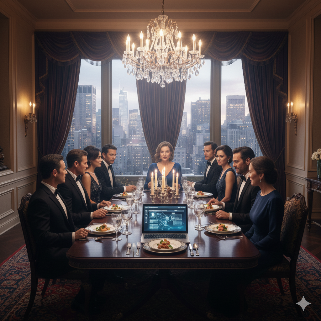 Lavish elite dinner party table curated via True People Search, blending luxury and digital strategy