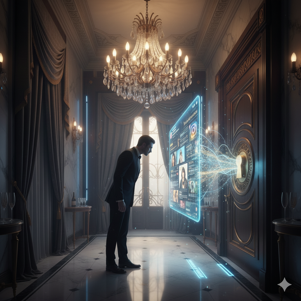 Mysterious figure unlocking hidden Instagram profiles in luxurious shadows, symbolizing 2025 social sleuthing trends.