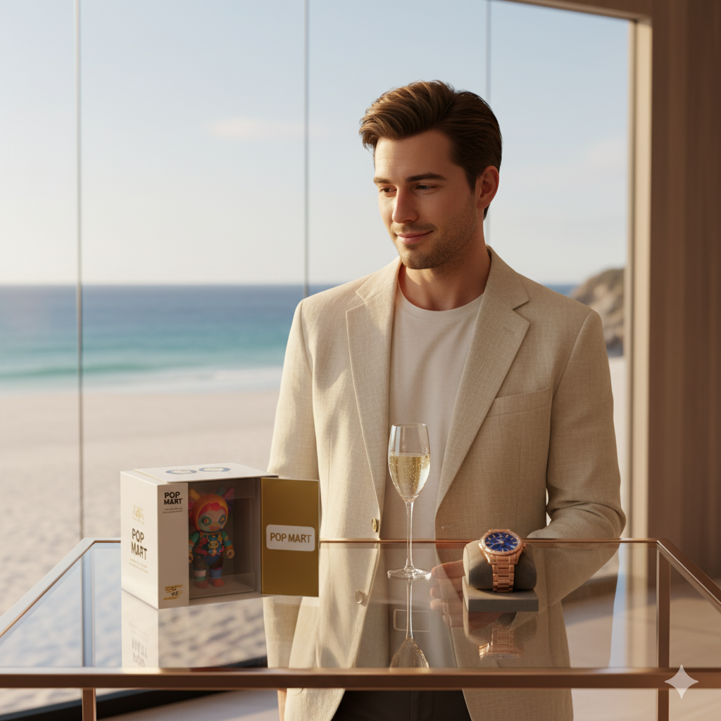 Limited-edition Pop Mart designer toy in luxury boutique setting, Hamptons.