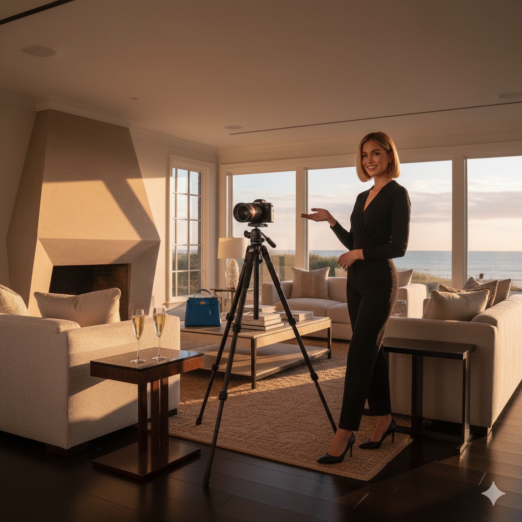 Luxury Hamptons living room with influencer filming a tutorial video next to designer bag and champagne.