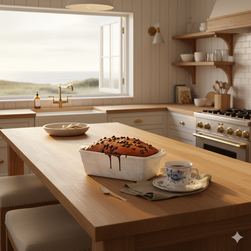 Fresh loaf of chocolate chip banana bread cooling on a marble kitchen counter in a sunlit Hamptons kitchen