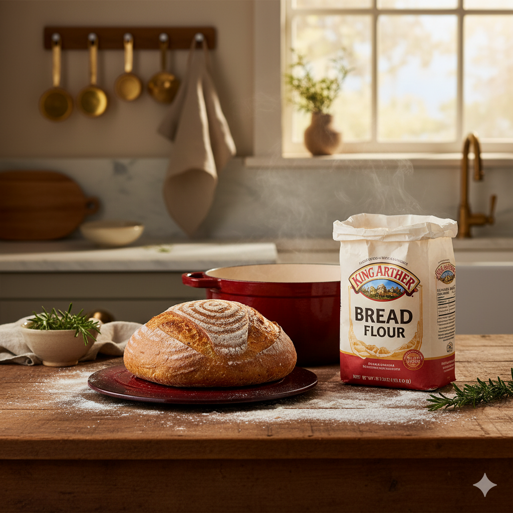 Golden artisan sourdough bread baked with King Arthur Bread Flour on rustic wooden table in luxury Hamptons kitchen with natural morning light