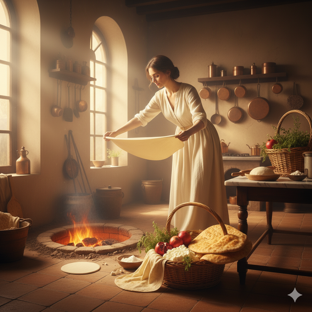 Elegant traditional baking of Lavash Bread in an Armenian tonir oven