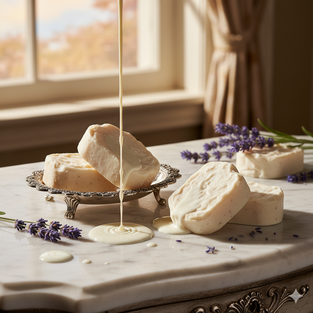 Elegant artisanal goat milk soap bars on marble with fresh milk and herbs in luxurious setting