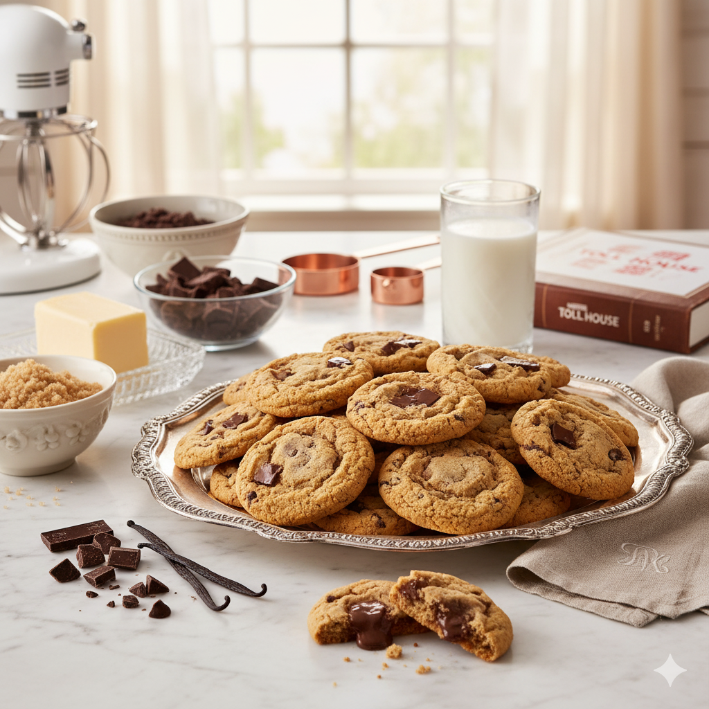 Classic Nestlé chocolate chip cookies arranged elegantly on marble surface with baking ingredients for luxury entertaining