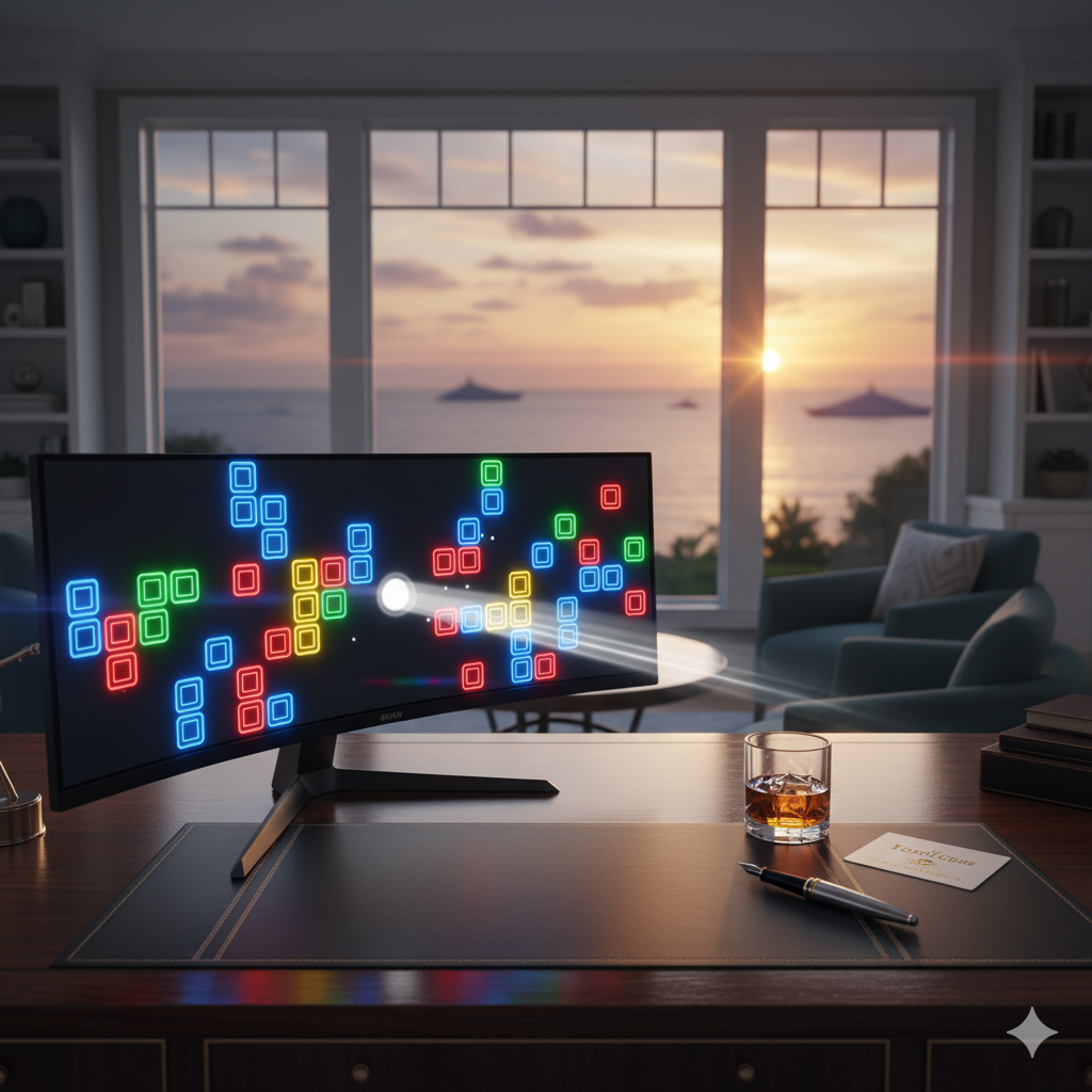 Luxury office desk with Google Breaker Block game displayed on monitor showing colorful blocks and paddle, with Hamptons ocean view at sunset in background