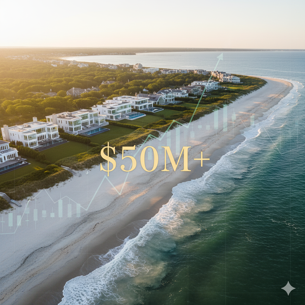 Luxury real estate Hamptons trends showing oceanfront estates and market growth indicators