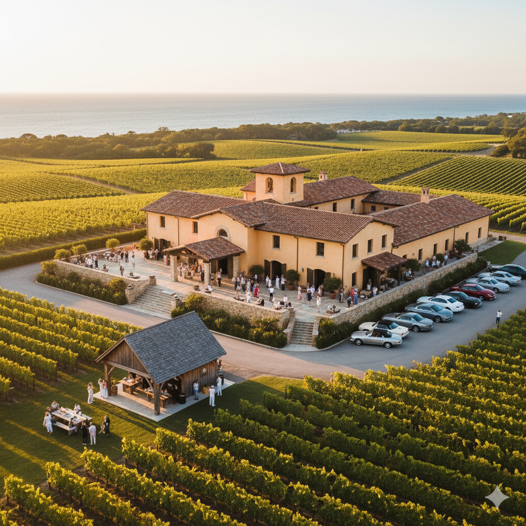 Wolffer Estate Vineyards aerial view showing Tuscan-style winery and vineyard rows in Hamptons