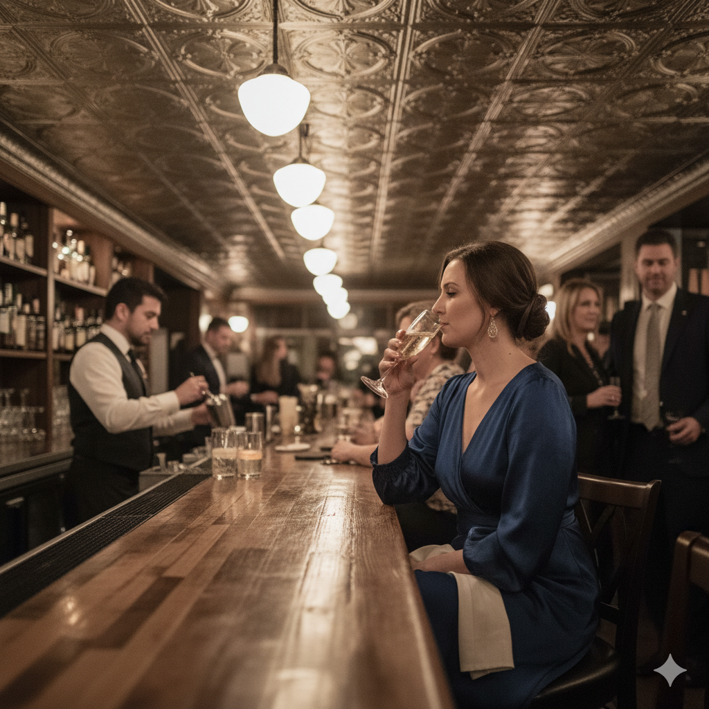 Interior of Almond Bridgehampton with historic tin ceilings and a buzzing, sophisticated bar scene.