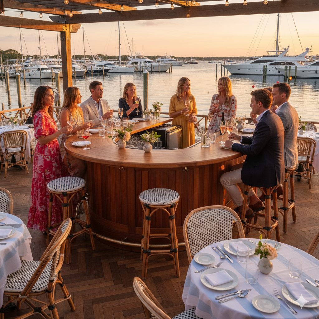 Le Bilboquet Sag Harbor waterfront dining with marina views and elegant guests