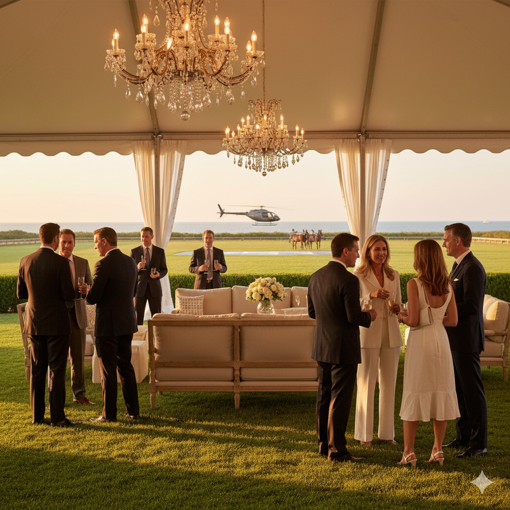 Exclusive Hamptons business networking party with luxury estate ocean views