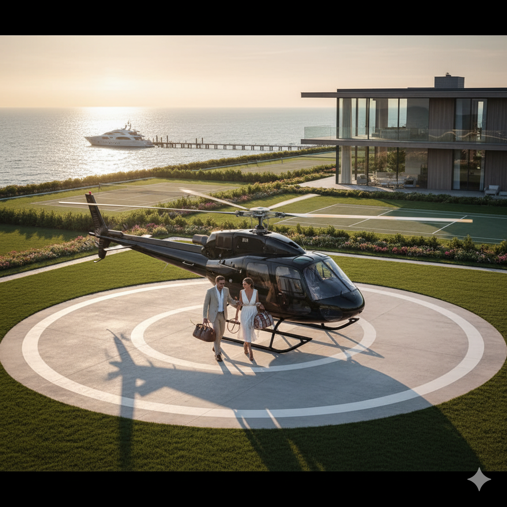 Luxury helicopter landing at exclusive Hamptons estate with tennis facilities and ocean views