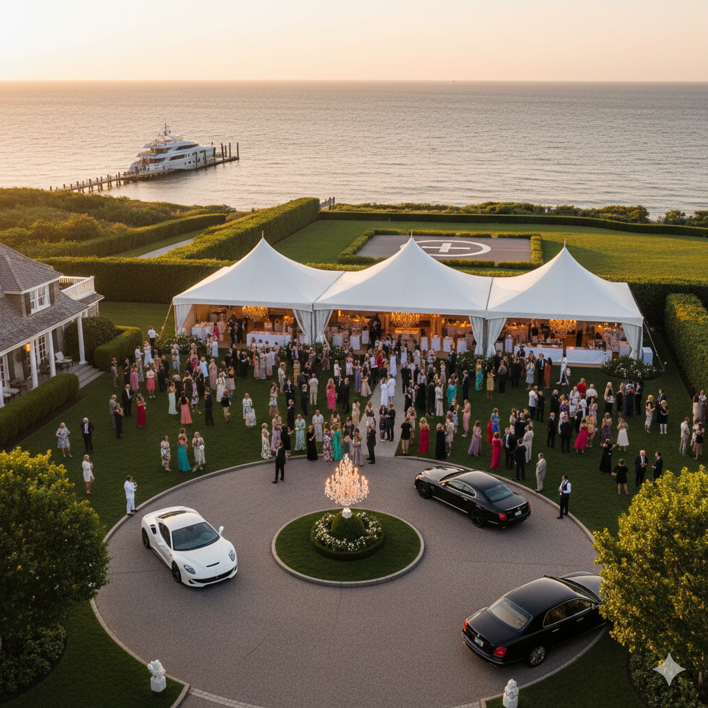 Elite Hamptons charity gala with luxury cars and ocean views at sunset