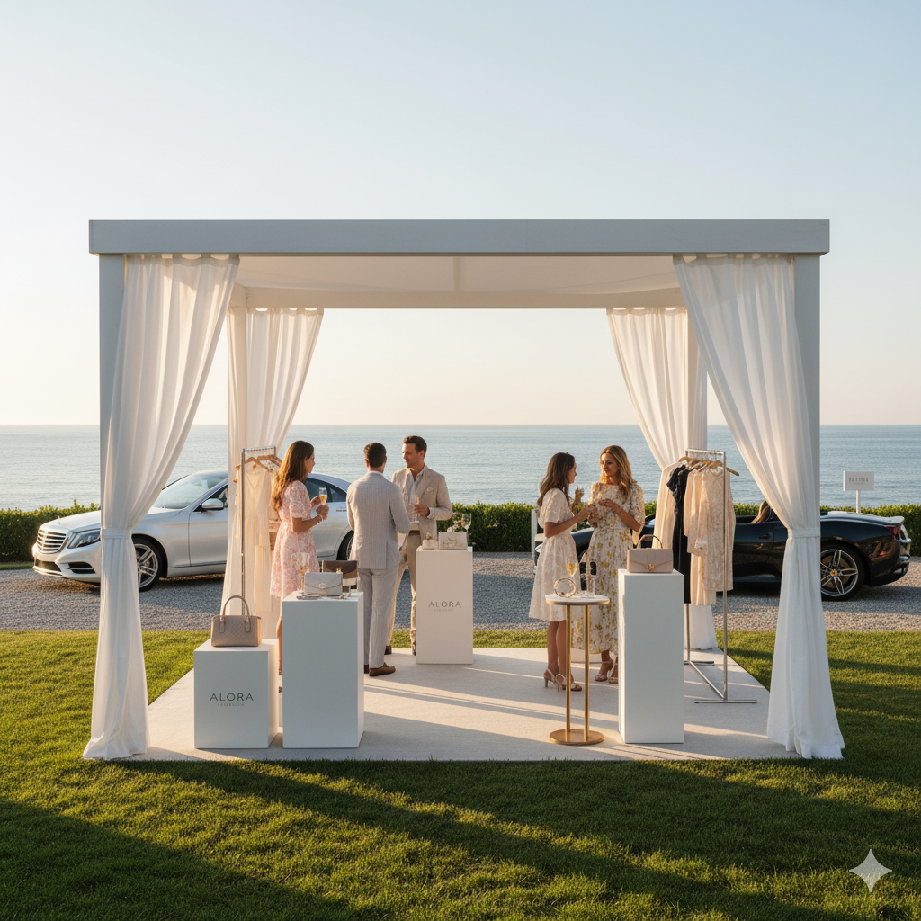 Luxury brand marketing event at exclusive Hamptons estate with elegant product displays