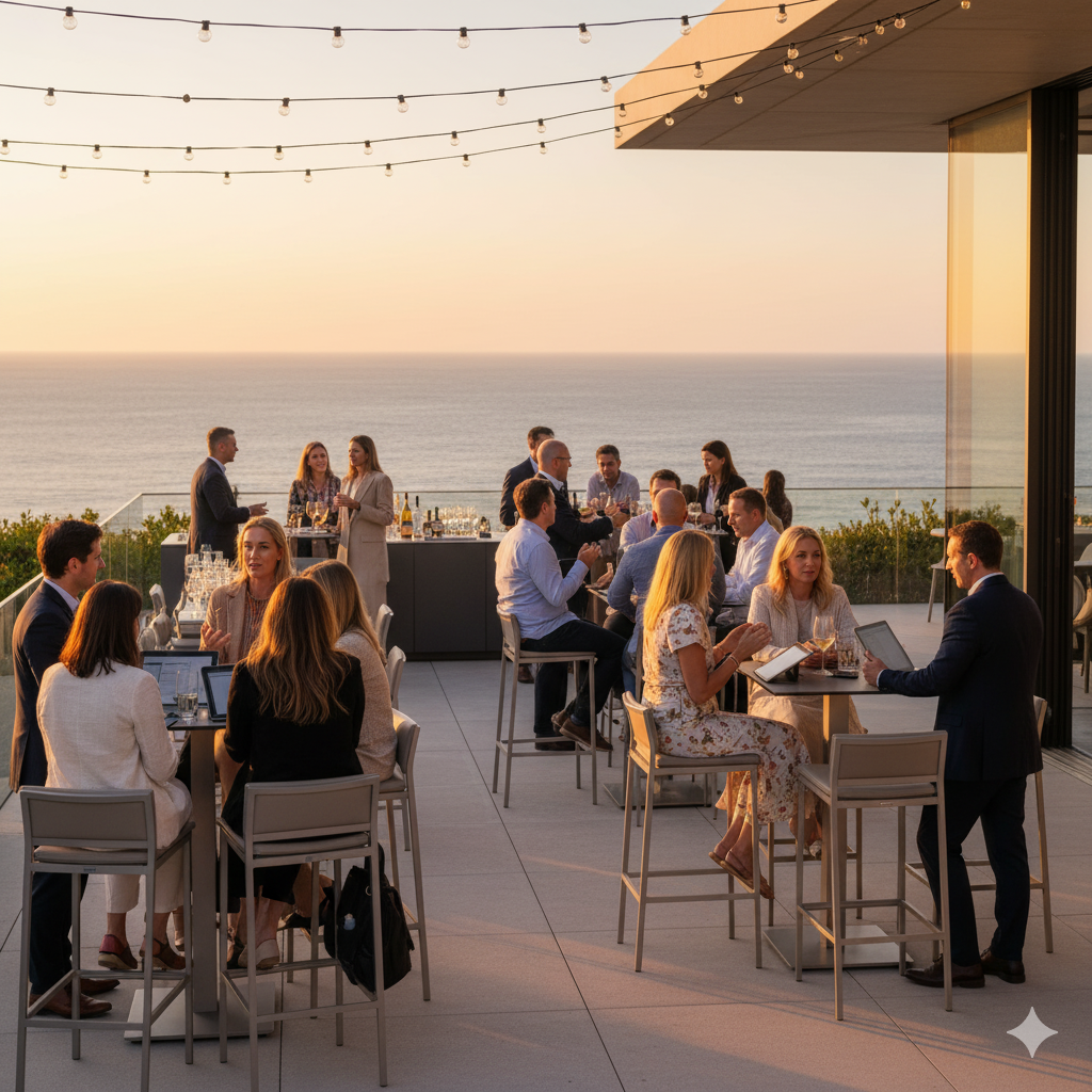 Venture capital networking event in the Hamptons with entrepreneurs pitching to investors